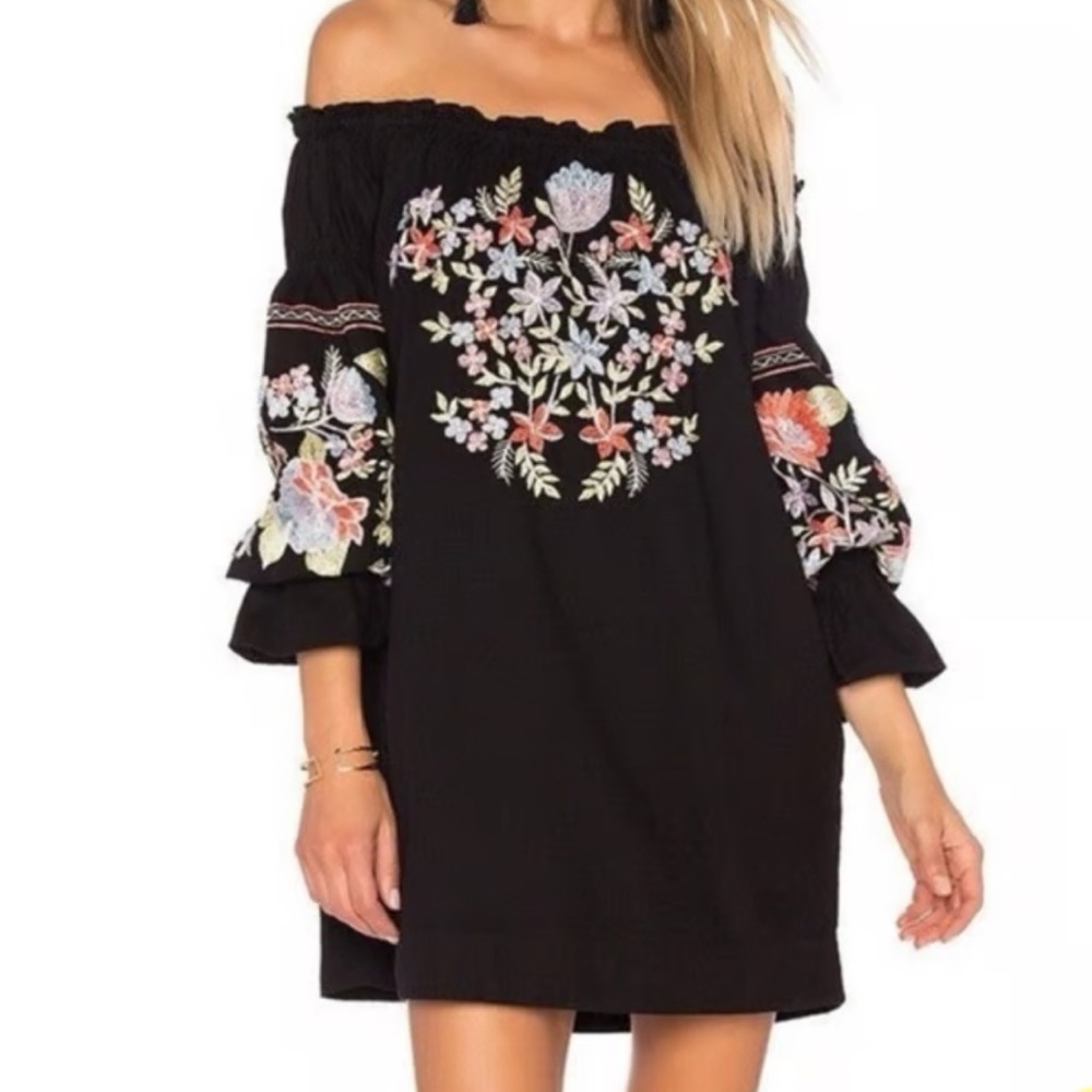 Free People Fleur Du Jour Black Floral Embroidered Mini Dress